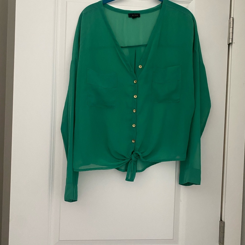 Mine Teal/Green Button-Down Blouse Cropped Sheer